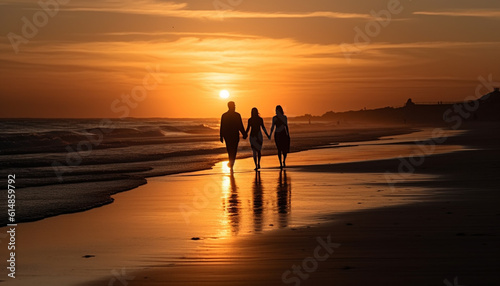 A romantic sunset stroll on the beach, holding hands together generated by AI