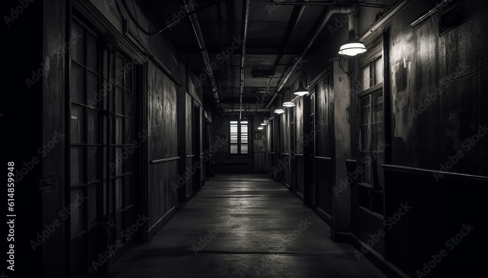 Obraz premium The spooky old hospital abandoned entrance hall had a dimly lit corridor generated by AI