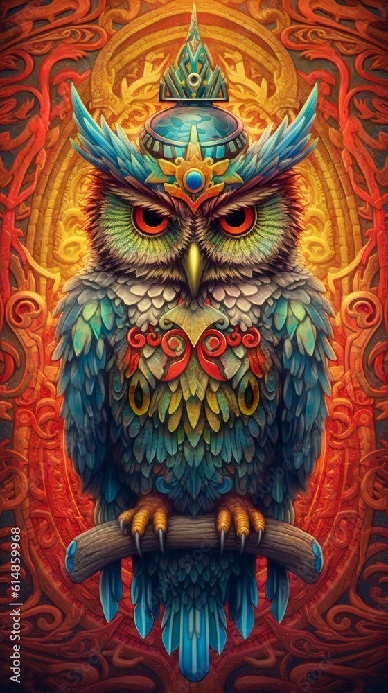 Naklejka premium Abstract Colorful Portrait of an Owl Wearing a Hat. Generative ai
