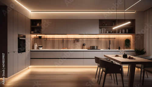 Modern kitchen design with luxury appliances and elegant lighting equipment generated by AI © Stockgiu