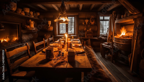 A rustic candlelit dinner in an old fashioned elegant living room generated by AI