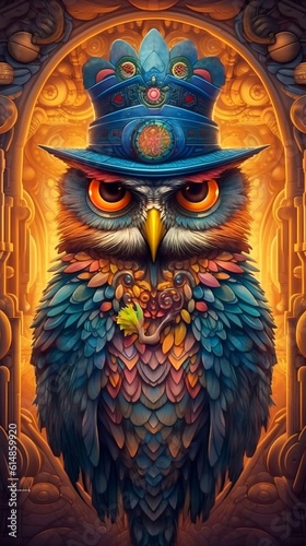 Abstract Colorful Portrait of an Owl Wearing a Hat. Generative ai © Scrudje