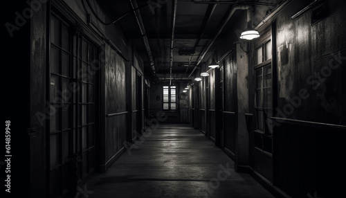 The spooky old hospital abandoned entrance hall had a dimly lit corridor generated by AI