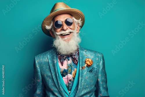 a stylishly dressed positive elderly person laughing against a bright background