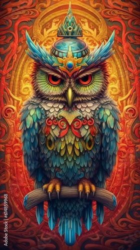 Abstract Colorful Portrait of an Owl Wearing a Hat. Generative ai