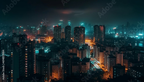 The illuminated city skyline glows with modern architecture at dusk generated by AI