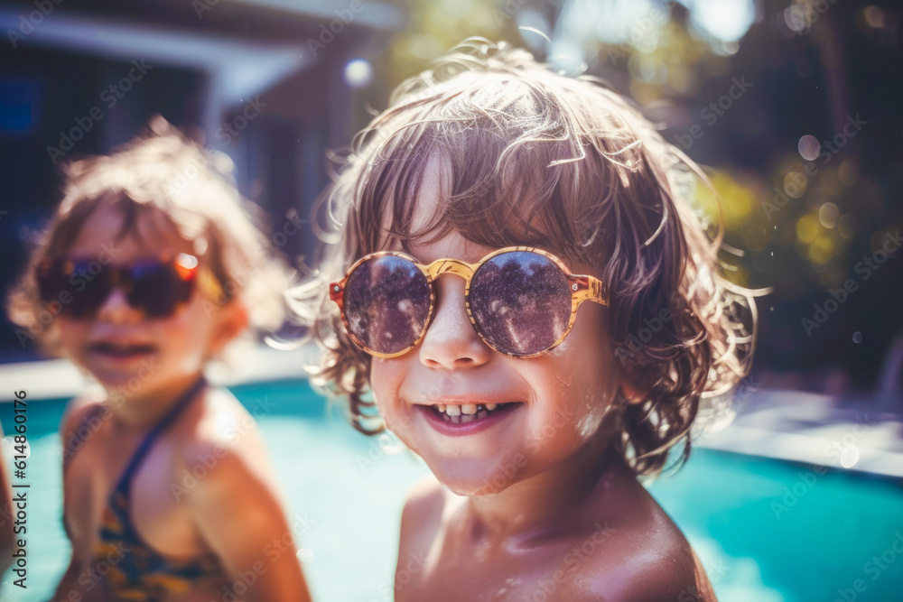 happy cute kids in sunglasses at pool. Summer Vacation Fun. Generative