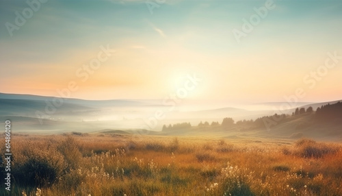 The tranquil scene of the sunrise over the mountain range generated by AI