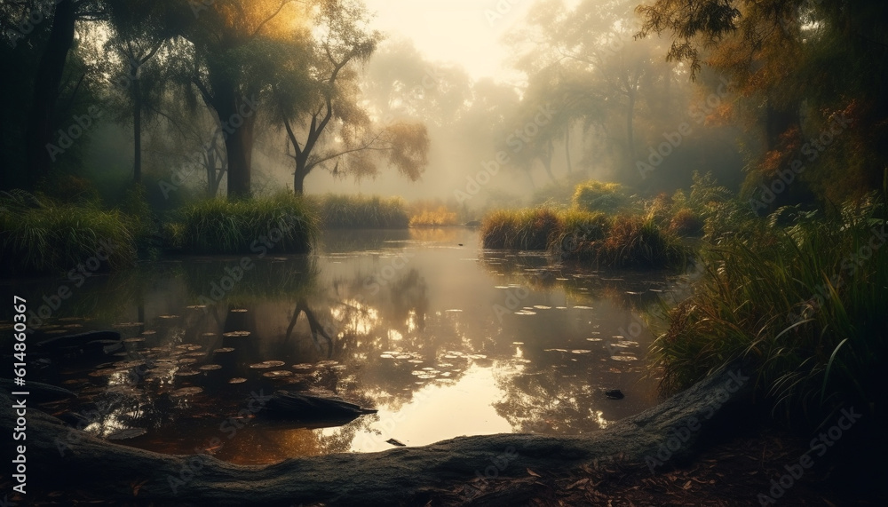 Tranquil scene of autumn forest, reflecting beauty in nature mystery generated by AI