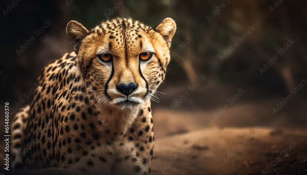 Majestic African cheetah staring, beauty in nature wildlife reserve generated by AI Majestic African cheetah staring, beauty in nature wildlife reserve generated by AI