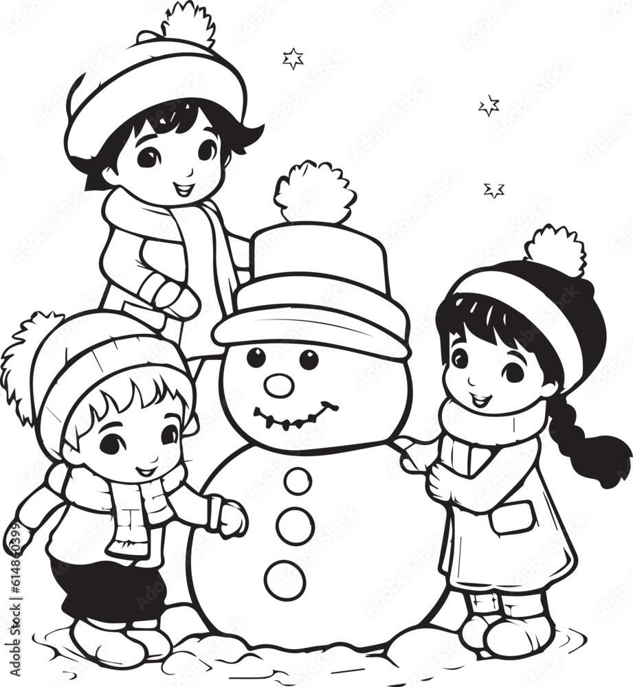 Coloring Book Page with kids playing in the snow , Coloring page outline of a cute kids playing in the snow , Vector Coloring Book Page with kids playing in the snow , Coloring page outline of a cute kids playing in the snow , Vector