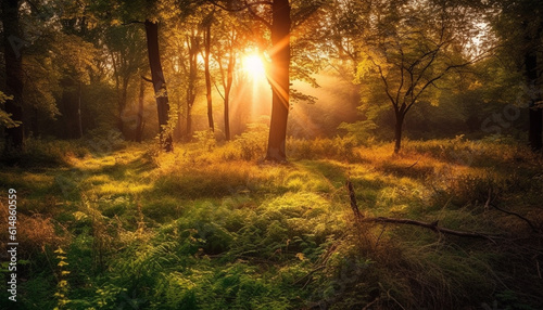 Golden sunlight illuminates vibrant autumn forest  a tranquil natural phenomenon generated by AI