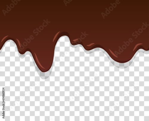 Melted chocolate topping seamless texture. Chocolate is dripping or falling drops on transparent background. Sweet ice cream. Vector illustration.