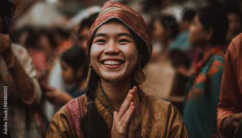 A joyful crowd of multi ethnic friends celebrate outdoors with confidence generated by AI