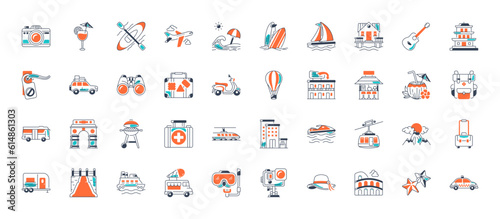 Travel icon set. Summer vacations and holiday symbol vector illustration. Collection of traveling and tourism elements.
