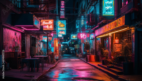 The neon lit Chinese lanterns illuminate the vibrant nightlife scene generated by AI