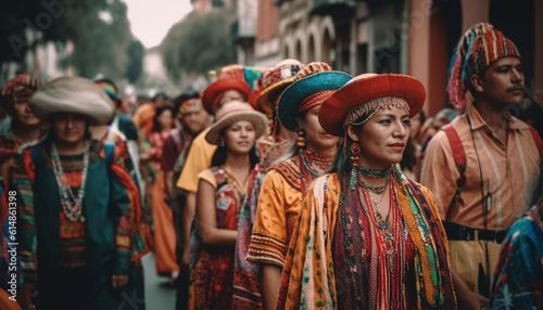 A colorful parade of traditional clothing celebrates indigenous culture generated by AI