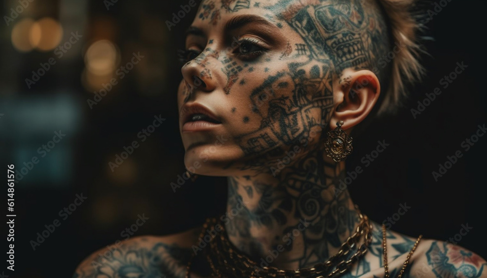 The young woman tattooed body adorned with indigenous culture pattern generated by AI