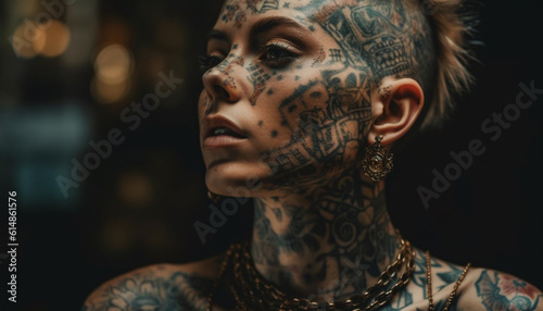 The young woman tattooed body adorned with indigenous culture pattern generated by AI © Stockgiu