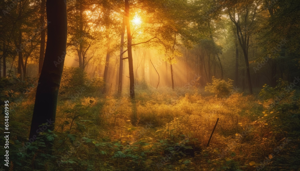 Obraz premium The tranquil forest glows with vibrant autumn colors at dawn generated by AI