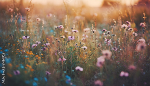 Tranquil sunset meadow, wildflowers bloom in vibrant summer colors generated by AI