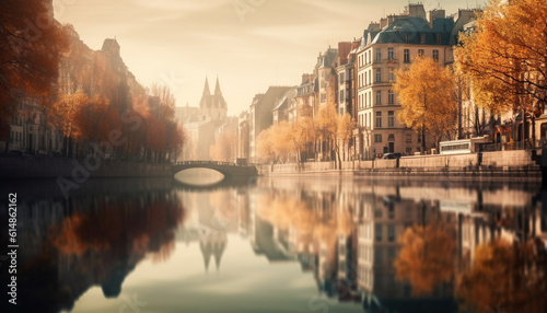 The Gothic beauty in nature illuminated the tranquil autumn reflection generated by AI