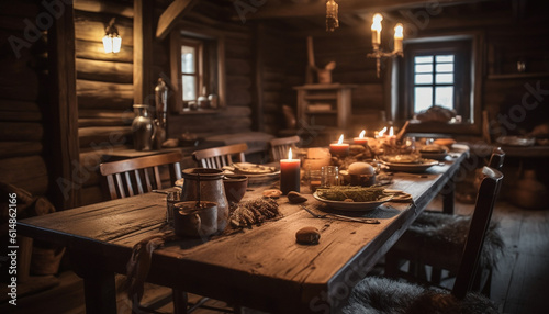 Candlelit dinner on rustic wooden table, glowing with warmth generated by AI