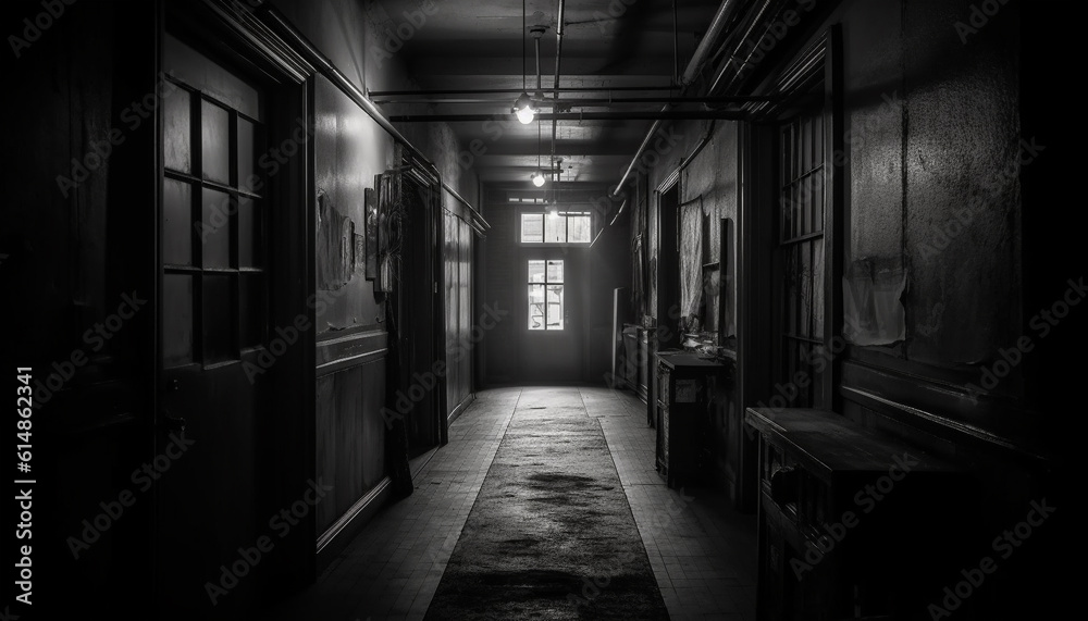 The spooky, abandoned hospital dark corridor vanishes into mystery generated by AI