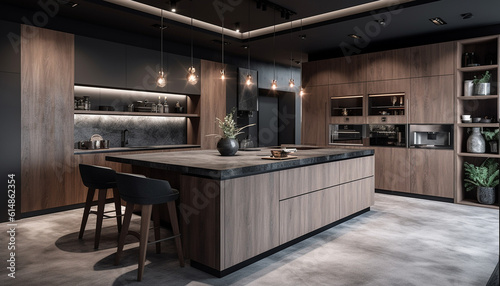 Modern kitchen design luxury wood material, stainless steel appliances, elegant decor generated by AI