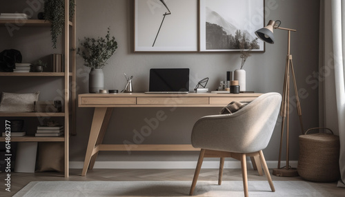 Modern home office with elegant wood desk, comfortable armchair, and bookshelf generated by AI © Stockgiu