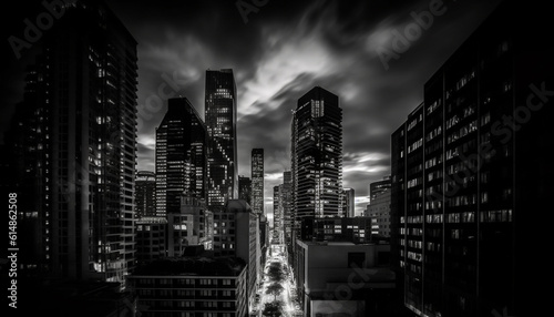 Modern skyscrapers illuminate the black and white cityscape at night generated by AI