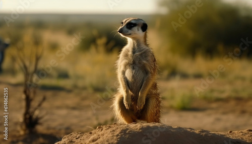 Alert meerkat standing in nature, watching with cute focus generated by AI