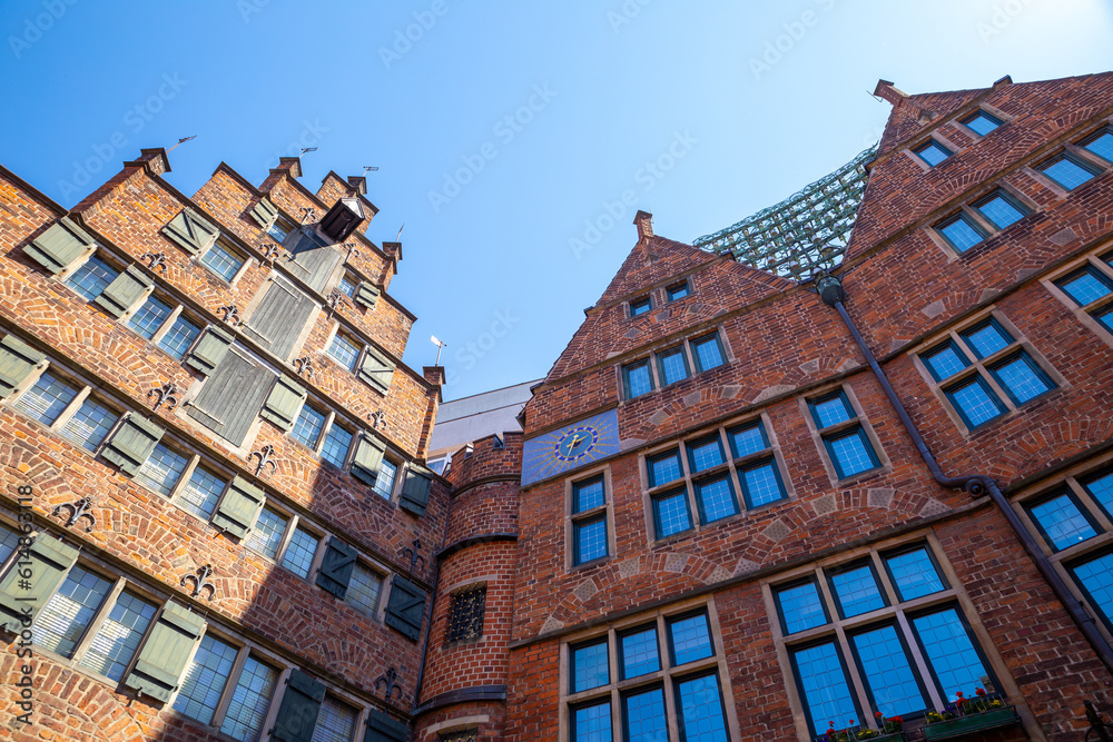 Look up through Bremen old town red brick building in Böttcherstraße, Bremen