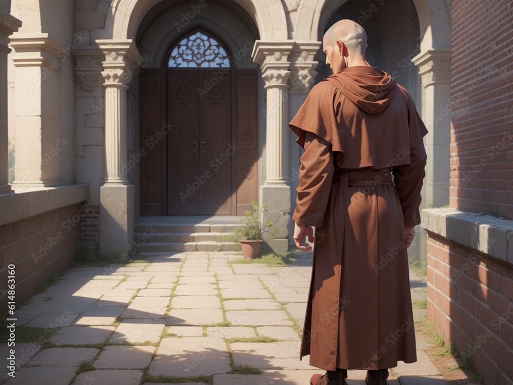 monk in monastery, brown robes Generative AI
