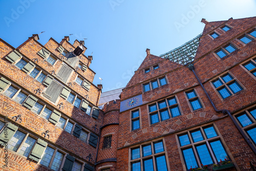 Look up through Bremen old town red brick building in Böttcherstraße, Bremen