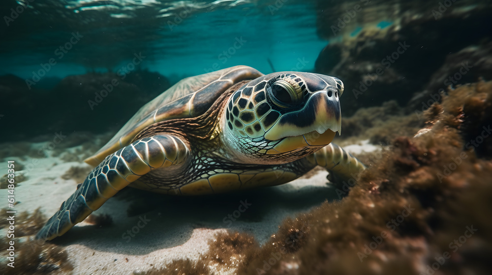Obraz premium Sea turtle in the sea. Generative AI