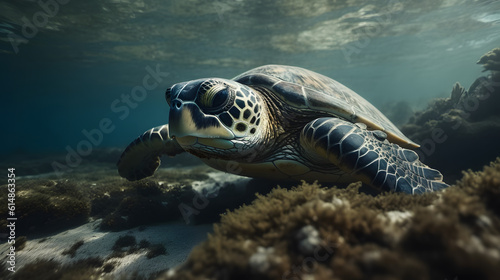 Sea turtle in the sea. Generative AI © PIRMYN