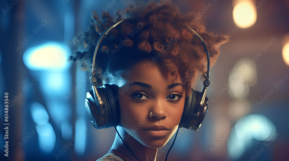 Illustration, Generative AI. young African-American girl 25 years old, short-haired, beautiful, with headphones.