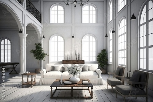 Bright living room in colonial style. Created with Generative AI technology