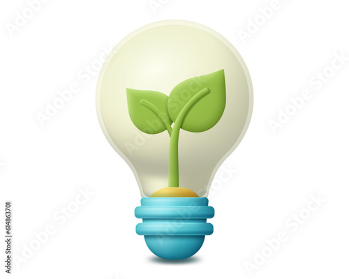 3d light bulb with leaves icon. Render light bulb for eco energy, ecology friendly concept, global warming, recycle, protect environment concept. 3d rendering realistic light bulb vector illustration