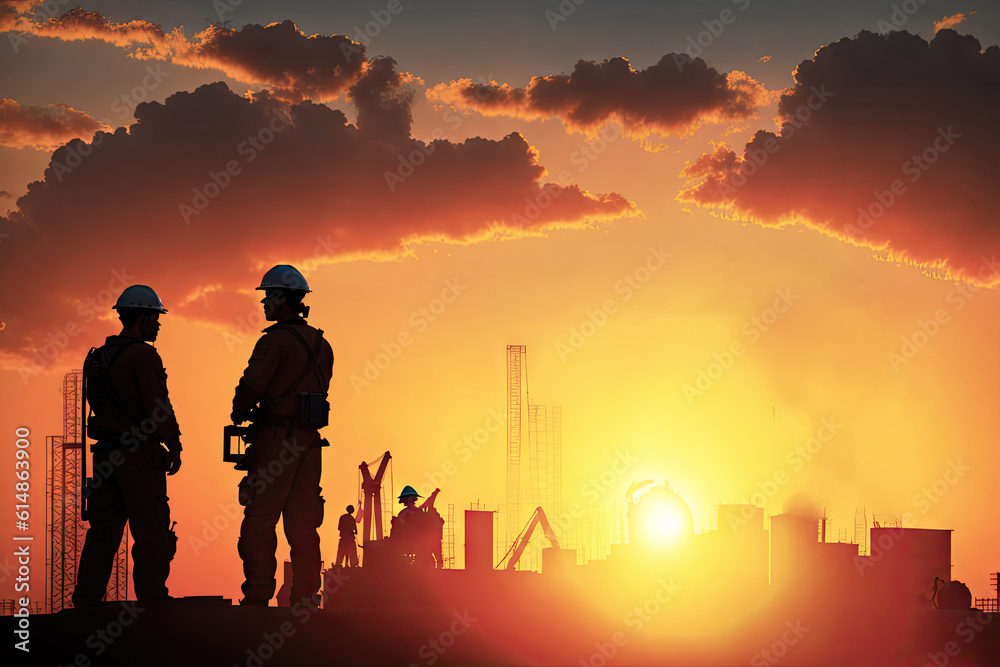 engineer silhouettes wear a helmet at construction site with crane background and sunset, ai generative