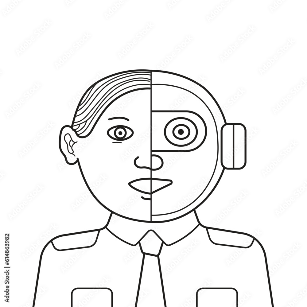 A cyborg face in office worker uniform talking with artificial intelligence technology. Robot replacing human worker. Futuristic concept.