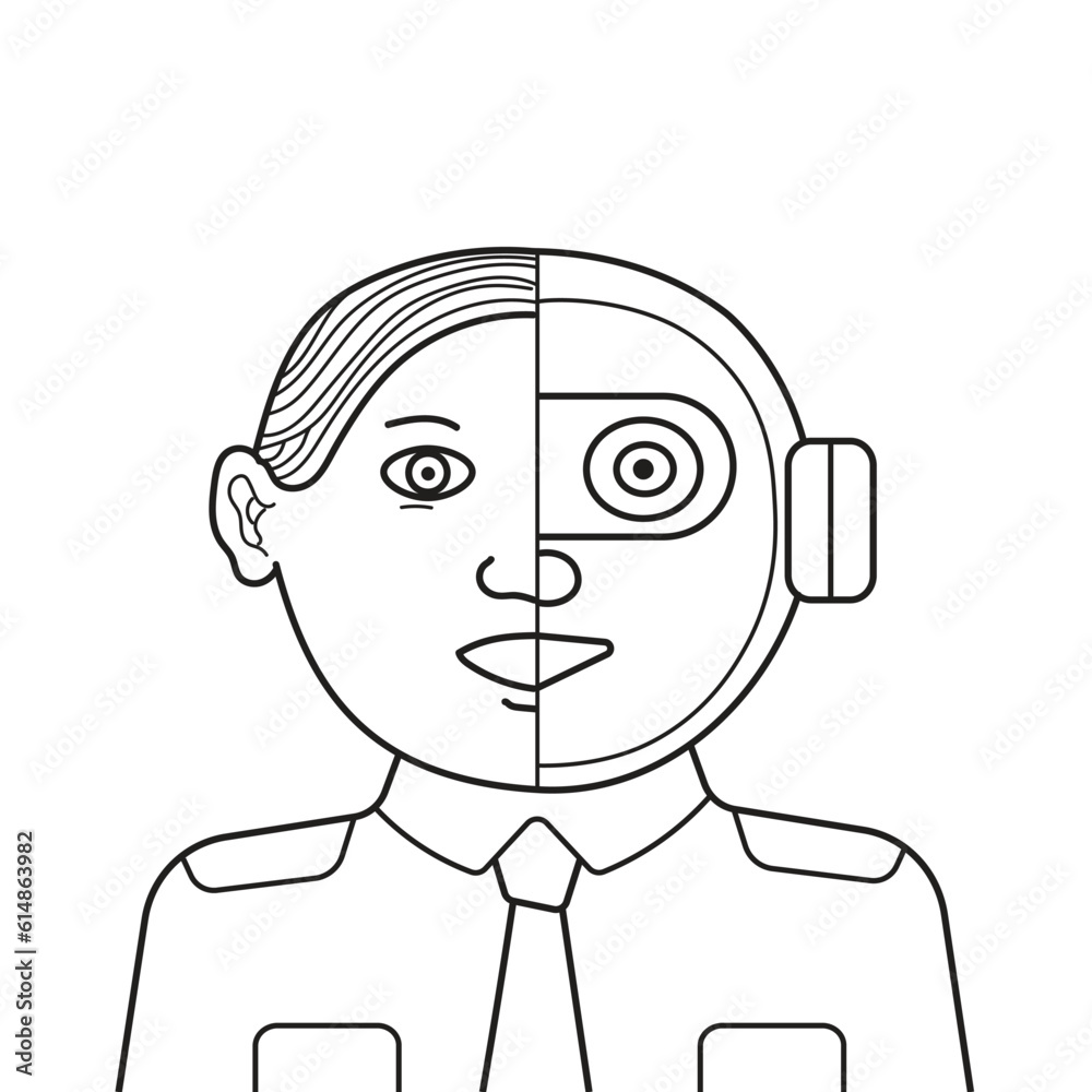 A cyborg face in office worker uniform talking with artificial intelligence technology. Robot replacing human worker. Futuristic concept. A cyborg face in office worker uniform talking with artificial intelligence technology. Robot replacing human worker. Futuristic concept.