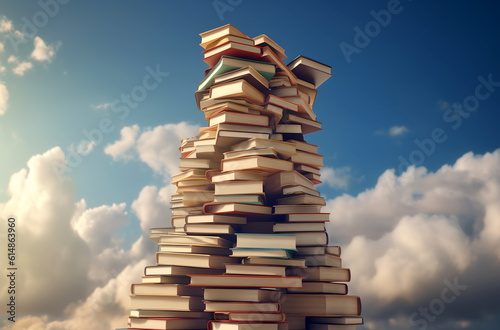 stack of books one overnight letter on it and kid preschooler boy or girl stepping sitting on top.cartoon or realistic style  generative ai image.back to school