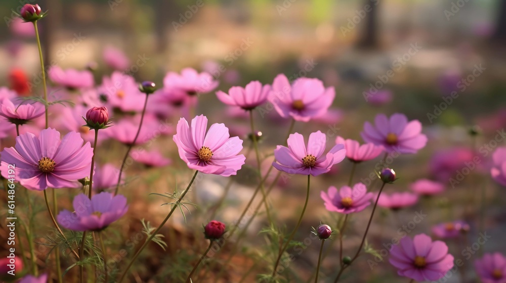Fototapeta premium Pink wildflowers at sunrise
