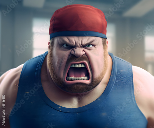 angry fat boy in gym different face emotions screaming large open mouth and eyes generative ai overwieght, diet fitnesss sport concept photo