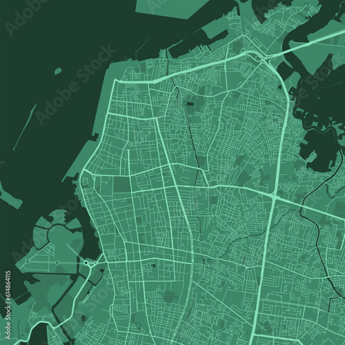 Detailed map poster of Makassar city, linear print map. Green skyline urban panorama. Decorative graphic tourist map of Makassar territory.