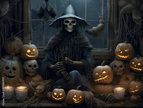 halloween concept.scaring scene with dark left house,jack o lantern pumpkins and skeleton with with cap or horror guy scarecrow generative ai photo