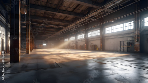 Modern empty warehouse. Generative AI © PIRMYN