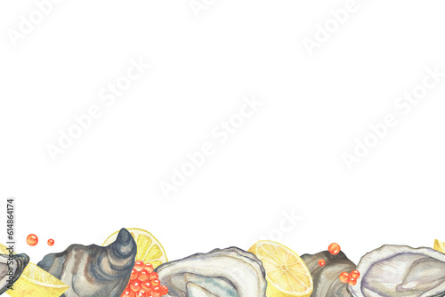Oyster, lemons, caviar watercolor illustration. Seamless border with seashelss and lemons. Isolated on white. photo